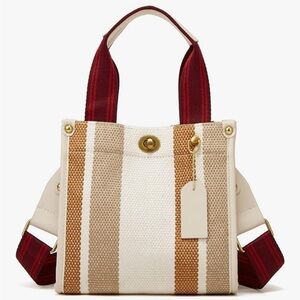 Canvas Stripe Crossbody Tote Bag - Cream & Tan with Red Strap